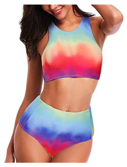 Tempt Me Women High Waisted Bikini Sporty Racerback Retro High Neck Two Piece Swimsuits