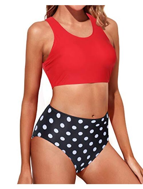 Tempt Me Women High Waisted Bikini Sporty Racerback Retro High Neck Two Piece Swimsuits