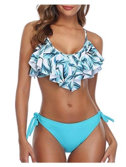 Flounce Bikini Side Tie Bottom Padded Ruffled Top Two Piece Swimsuit for Women Cross Back Bathing Suit