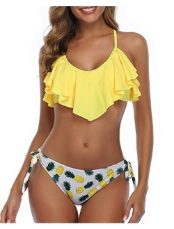 Flounce Bikini Side Tie Bottom Padded Ruffled Top Two Piece Swimsuit for Women Cross Back Bathing Suit