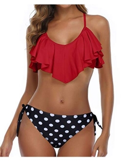 Flounce Bikini Side Tie Bottom Padded Ruffled Top Two Piece Swimsuit for Women Cross Back Bathing Suit