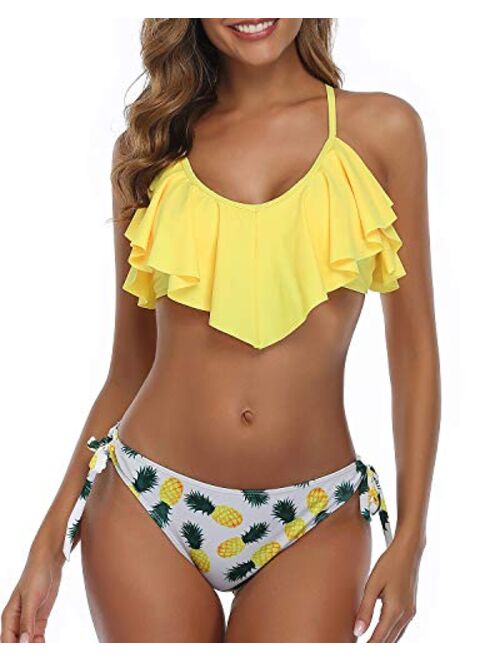 Tempt Me Flounce Bikini Side Tie Bottom Padded Ruffled Top Two Piece Swimsuit for Women Cross Back Bathing Suit