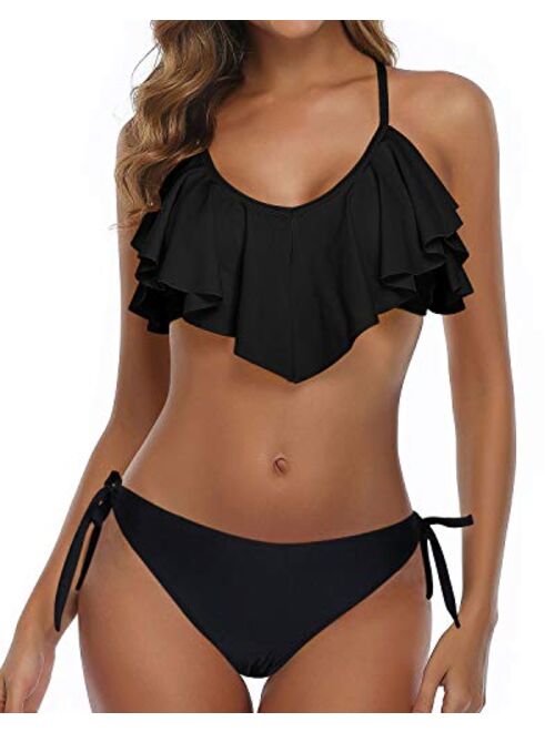 Tempt Me Flounce Bikini Side Tie Bottom Padded Ruffled Top Two Piece Swimsuit for Women Cross Back Bathing Suit