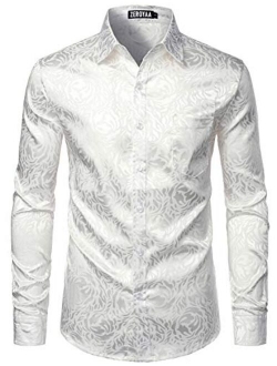 Men's Rose Floral Long Sleeve Dress Shirts Shiny Satin Silk Like Jacquard Party Prom Shirt Tops