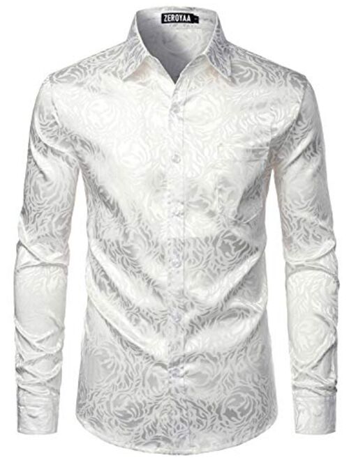 ZEROYAA Men's Rose Floral Long Sleeve Dress Shirts Shiny Satin Silk Like Jacquard Party Prom Shirt Tops