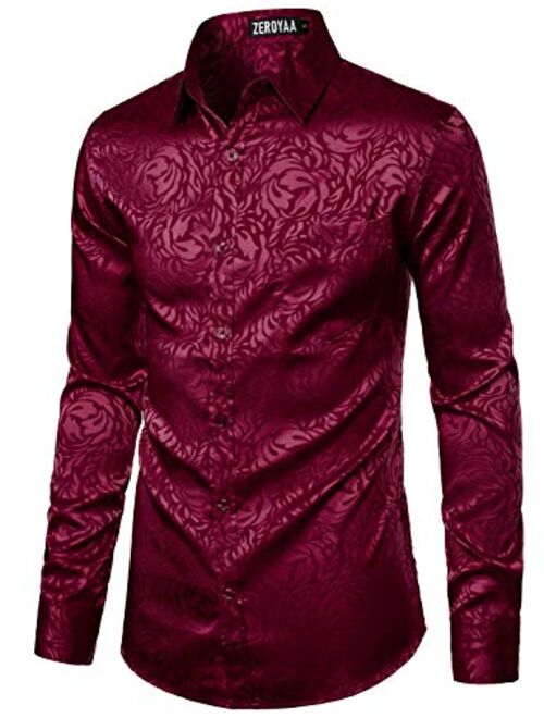 ZEROYAA Men's Rose Floral Long Sleeve Dress Shirts Shiny Satin Silk Like Jacquard Party Prom Shirt Tops