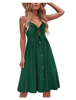 VOTEPRETTY Womens Summer Floral Sundress V Neck Tie Front Spaghetti Strap Dresses with Pockets