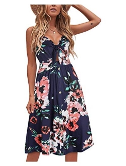 VOTEPRETTY Womens Summer Floral Sundress V Neck Tie Front Spaghetti Strap Dresses with Pockets