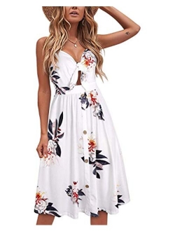 VOTEPRETTY Womens Summer Floral Sundress V Neck Tie Front Spaghetti Strap Dresses with Pockets