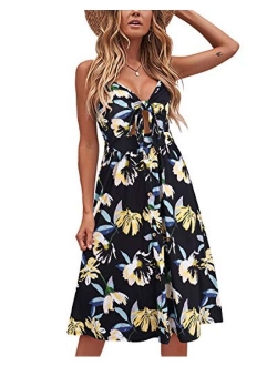 VOTEPRETTY Womens Summer Floral Sundress V Neck Tie Front Spaghetti Strap Dresses with Pockets