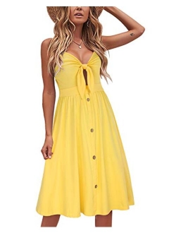 VOTEPRETTY Womens Summer Floral Sundress V Neck Tie Front Spaghetti Strap Dresses with Pockets