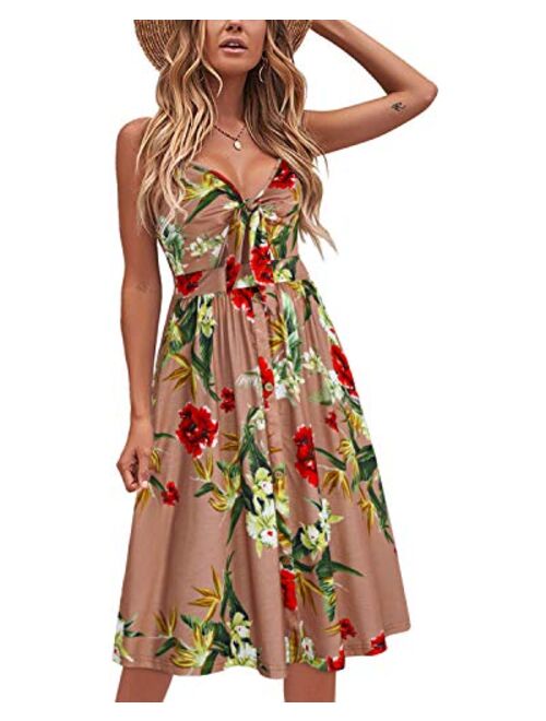 VOTEPRETTY Womens Summer Floral Sundress V Neck Tie Front Spaghetti Strap Dresses with Pockets