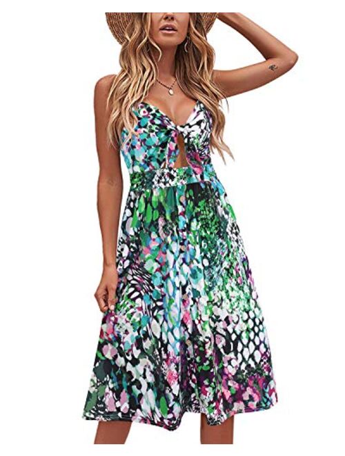 VOTEPRETTY Womens Summer Floral Sundress V Neck Tie Front Spaghetti Strap Dresses with Pockets