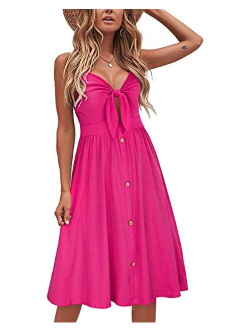 VOTEPRETTY Womens Summer Floral Sundress V Neck Tie Front Spaghetti Strap Dresses with Pockets