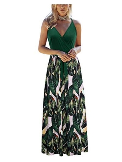 OUGES Womens Summer Deep V Neck Floral Adjustable Spaghetti Strap Beach Maxi Dress