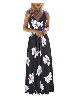 OUGES Womens Summer Deep V Neck Floral Adjustable Spaghetti Strap Beach Maxi Dress