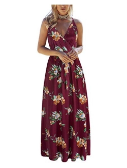 OUGES Womens Summer Deep V Neck Floral Adjustable Spaghetti Strap Beach Maxi Dress