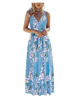 OUGES Womens Summer Deep V Neck Floral Adjustable Spaghetti Strap Beach Maxi Dress