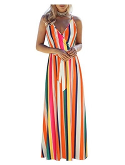 OUGES Womens Summer Deep V Neck Floral Adjustable Spaghetti Strap Beach Maxi Dress