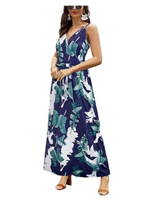 OUGES Womens Summer Deep V Neck Floral Adjustable Spaghetti Strap Beach Maxi Dress