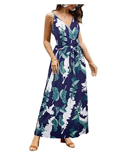 OUGES Womens Summer Deep V Neck Floral Adjustable Spaghetti Strap Beach Maxi Dress