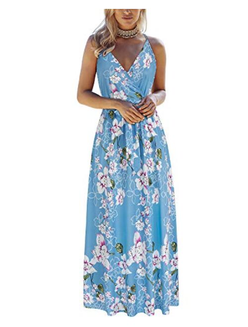 OUGES Womens Summer Deep V Neck Floral Adjustable Spaghetti Strap Beach Maxi Dress