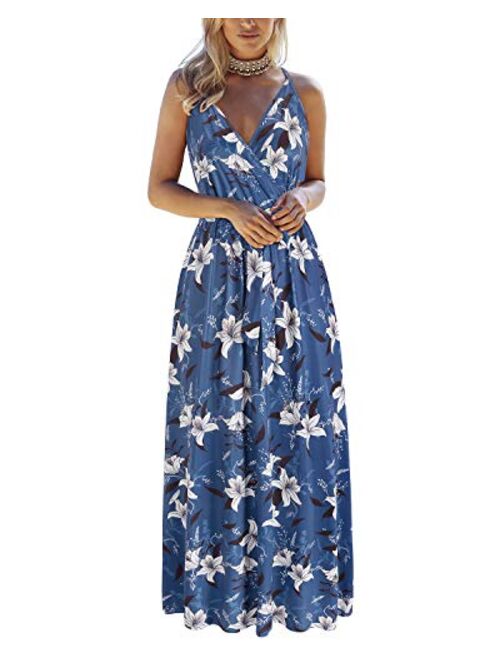 OUGES Womens Summer Deep V Neck Floral Adjustable Spaghetti Strap Beach Maxi Dress