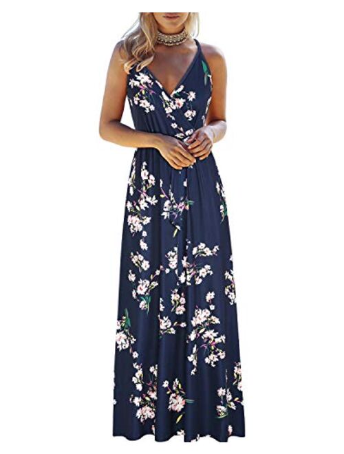 OUGES Womens Summer Deep V Neck Floral Adjustable Spaghetti Strap Beach Maxi Dress