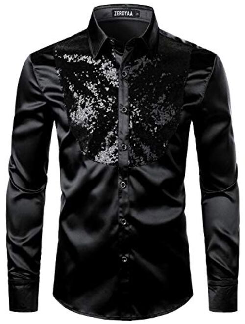 ZEROYAA Men's Shiny Sequins Design Silk Like Satin Button Up Disco Party Dress Shirts with Bow Tie