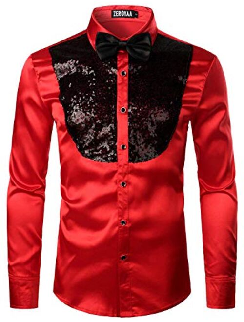 ZEROYAA Men's Shiny Sequins Design Silk Like Satin Button Up Disco Party Dress Shirts with Bow Tie