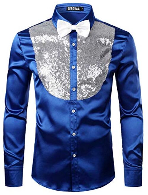 ZEROYAA Men's Shiny Sequins Design Silk Like Satin Button Up Disco Party Dress Shirts with Bow Tie