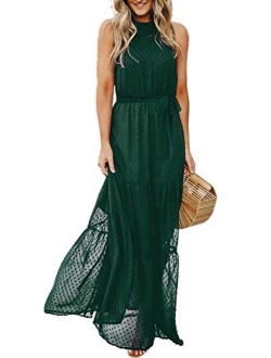 Womens Casual Halter Neck Sleeveless Floral Long Maxi Dress Backless Loose Ruffle Sundress with Belt