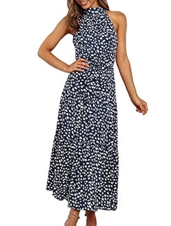 Womens Casual Halter Neck Sleeveless Floral Long Maxi Dress Backless Loose Ruffle Sundress with Belt