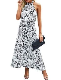 Womens Casual Halter Neck Sleeveless Floral Long Maxi Dress Backless Loose Ruffle Sundress with Belt