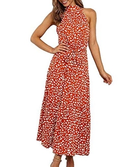 Womens Casual Halter Neck Sleeveless Floral Long Maxi Dress Backless Loose Ruffle Sundress with Belt