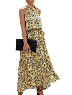 Womens Casual Halter Neck Sleeveless Floral Long Maxi Dress Backless Loose Ruffle Sundress with Belt