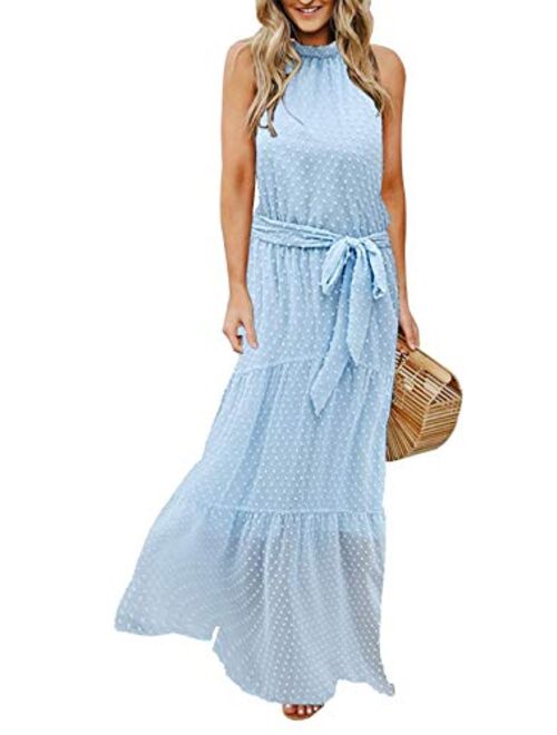 PRETTYGARDEN Women’s Casual Halter Neck Sleeveless Floral Long Maxi Dress Backless Loose Ruffle Sundress with Belt