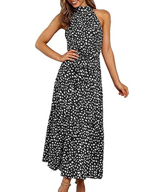 PRETTYGARDEN Women’s Casual Halter Neck Sleeveless Floral Long Maxi Dress Backless Loose Ruffle Sundress with Belt