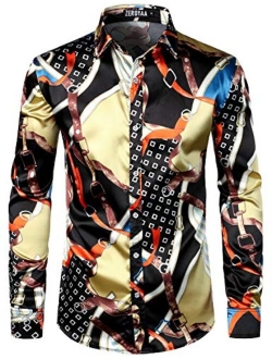 Men's Hipster Printed Silk Like Satin Button Up Dress Shirt for Party Prom