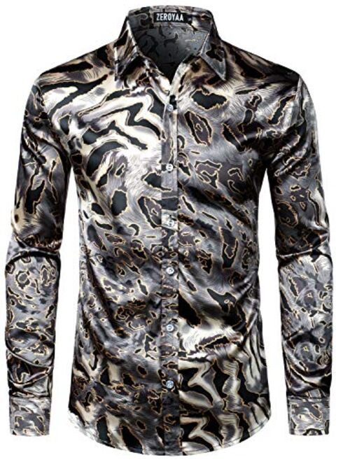 ZEROYAA Men's Hipster Printed Silk Like Satin Button Up Dress Shirt for Party Prom