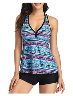 Women Tankini Swimsuit Racerback Tummy Control Top with Shorts Two Piece Bathing Suit