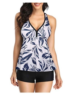 Women Tankini Swimsuit Racerback Tummy Control Top with Shorts Two Piece Bathing Suit