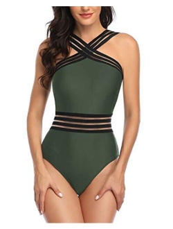 Women Crisscross One Piece Swimsuit Tummy Control Bathing Suit Front Crossover Swimwear