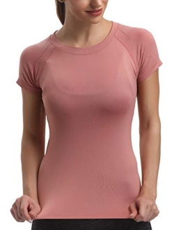 Seamless Workout Shirts for Women Dry-Fit Short Sleeve T-Shirts Crew Neck Stretch Yoga Tops Athletic Shirts