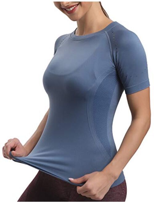 RUNNING GIRL Seamless Workout Shirts for Women Dry-Fit Short Sleeve T-Shirts Crew Neck Stretch Yoga Tops Athletic Shirts