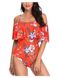 Women's One Piece Swimsuit Vintage Off Shoulder Ruffled Bathing Suits