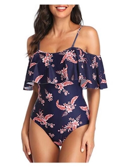 Women's One Piece Swimsuit Vintage Off Shoulder Ruffled Bathing Suits