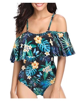 Women's One Piece Swimsuit Vintage Off Shoulder Ruffled Bathing Suits