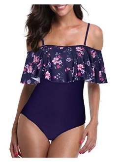 Women's One Piece Swimsuit Vintage Off Shoulder Ruffled Bathing Suits