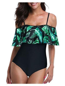 Women's One Piece Swimsuit Vintage Off Shoulder Ruffled Bathing Suits